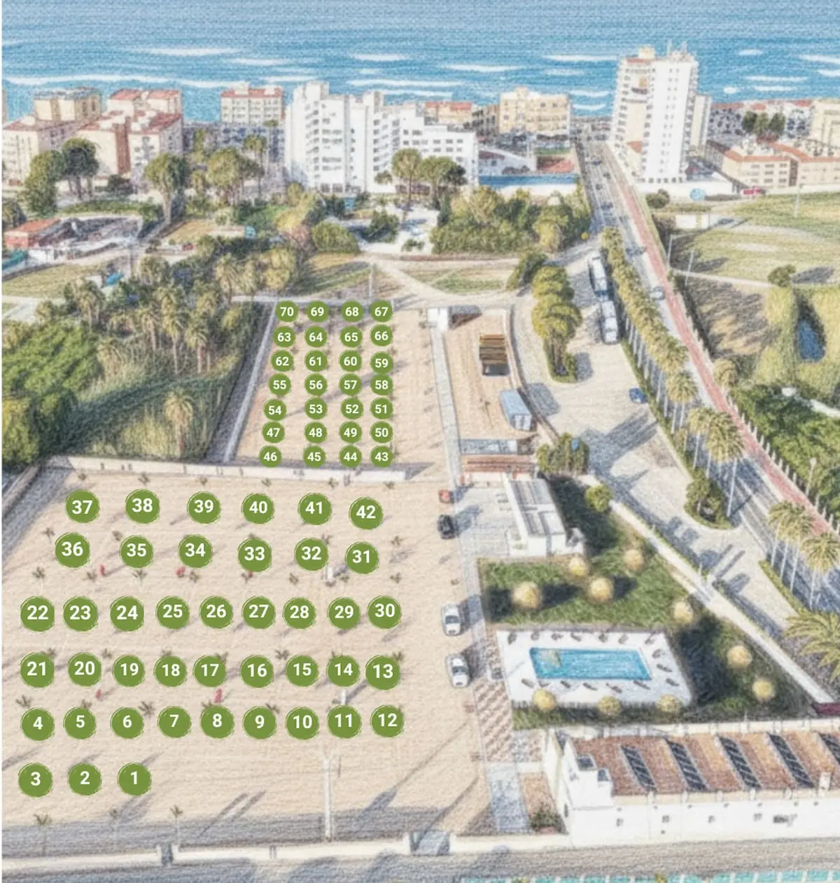 Mapa ilustrado de las parcelas de Ohana Beach Tavernes